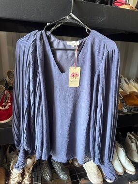 entro Periwinkle Pleated V-Neck Blouse